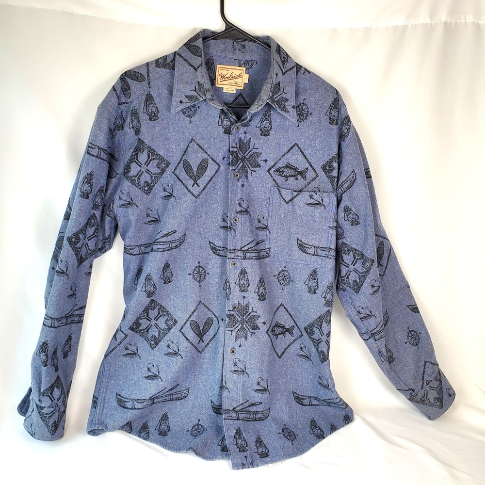 Woolrich All Over Print Flannel Shirt Men's L Fishing Canoe Outdoor Chamois Blue